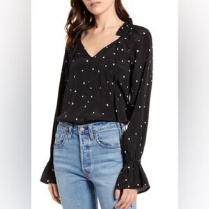 MINKPINK Me & You Heart Print Satin Top Black White Long Sleeve Size‎ Medium